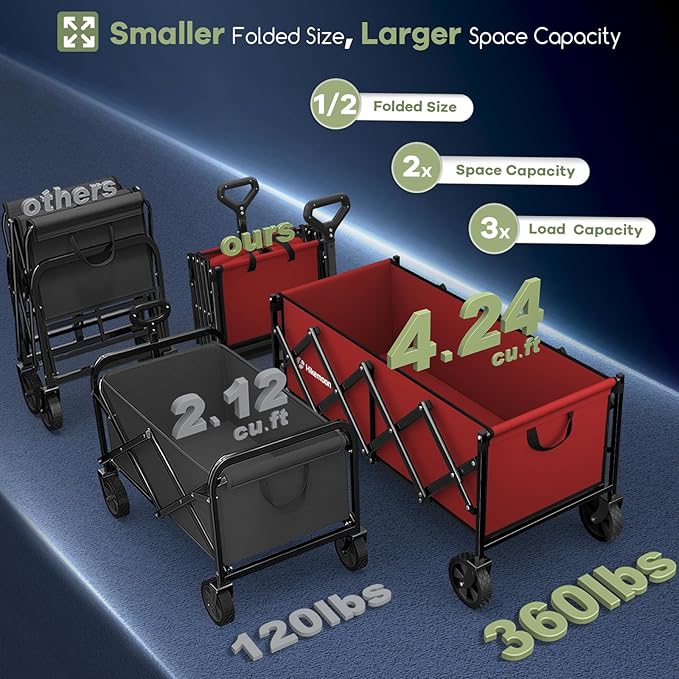 Hikemoon 34'' Extra Long Collapsible Wagons Carts Foldable, 360LBS Heavy Duty Folding Beach Wagon with Wheels, Portable Utility Outdoor Cart for Grocery, Garden, Sports, Camping, Red