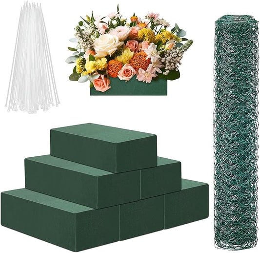 Jingmore 6 Pack Dry and Wet Floral Foam Blocks (7.8” L x 3.5” W x 2.4” H) and Chicken Wire for Flower Arrangements, 17.7 x 157 Inch Green Mesh for Wedding Birthday Decoration Garden Crafts