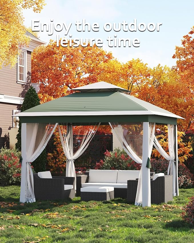 Garveelife 11x11 Pop Up Gazebo Tent with Mosquito Netting, Outdoor Canopy Shelter Easy Setup, Water & UV Resistant - Green