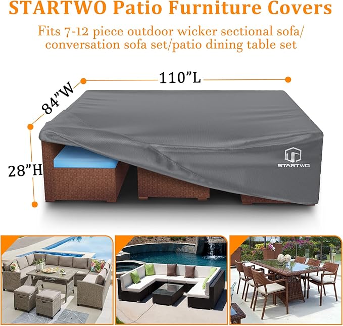 STARTWO Patio Furniture Covers Waterproof, Anti-UV Tear-Resistant 500D Heavy Duty 7-12 Seats Outdoor Furniture Cover for Sectional Sofa and Table Chairs, 110"x84"x28", Grey