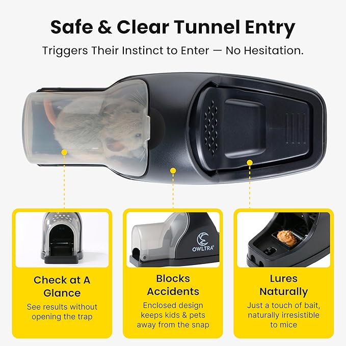 OWLTRA in-/Outdoor Safe Tunnel Snap Mouse Trap 2PCS, Instant Eliminate Rodent Snap Trap with Clear Tunnel Entry, Touch-Free Release, and Powerful Snap, Black, TST-217