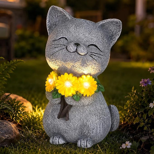 Solar Garden Statues Cat with Daisy and LED Lights Birthday Gifts for Women Mom Grandma Solar Outdoor Cat Decor for Outside,Outdoor Solar Lights for Yard, Garden and Patio, Unique Gift for Women
