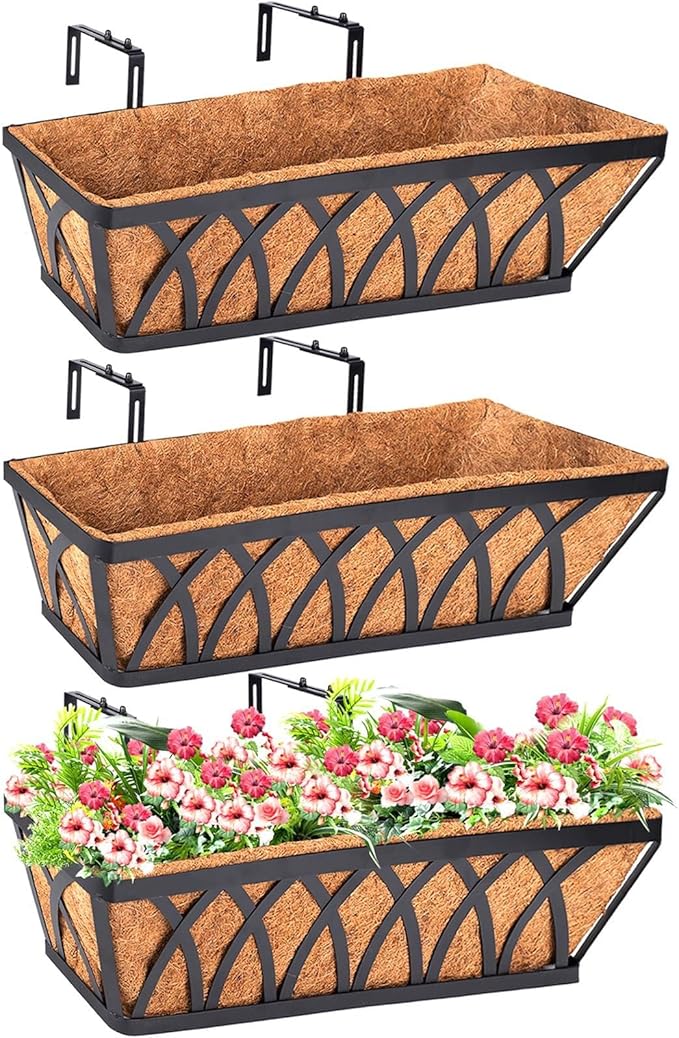 LCHUANG Deck Railing Planter Window Box - 3 Pack 24 Inch Deck Balcony Rail Planter with Coconut Coir Liner, Fence Metal Hanging Flower Planter Basket Deck Railing Planter Boxes for Outdoor Lawn