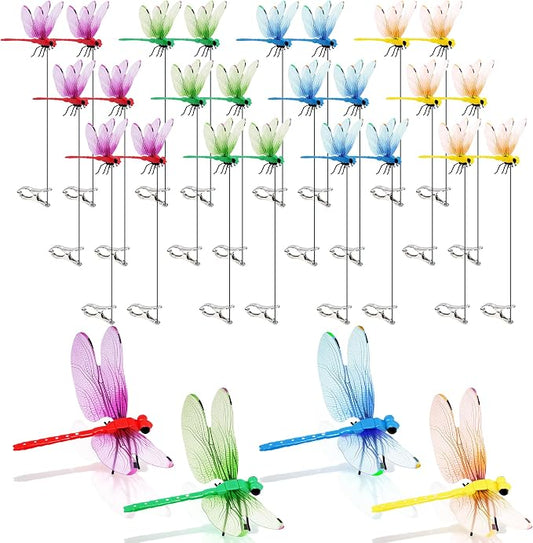 24 Pack Dragonfly Clips, Realistic Fake Dragonfly Hummingbird Garden Stakes, Multipurpose Plastic Yard Ornaments for Outdoor Decor, Patio, Hats, Fly Deterrent for Horses, Deer, Indoor Outdoor Use