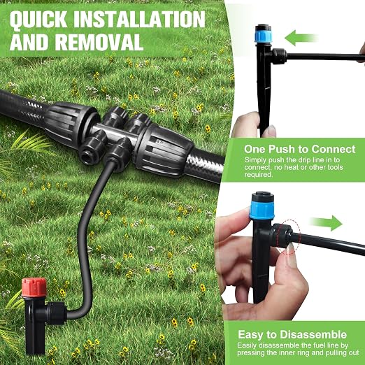250FT Drip Irrigation System for Garden with 20 Nozzles & Emitters, Garden Watering System with 1/2" & 1/4" Tube and Barbed Fittings - Adjustable Sprinklers Kit for Greenhouse, Lawn, Raised Bed