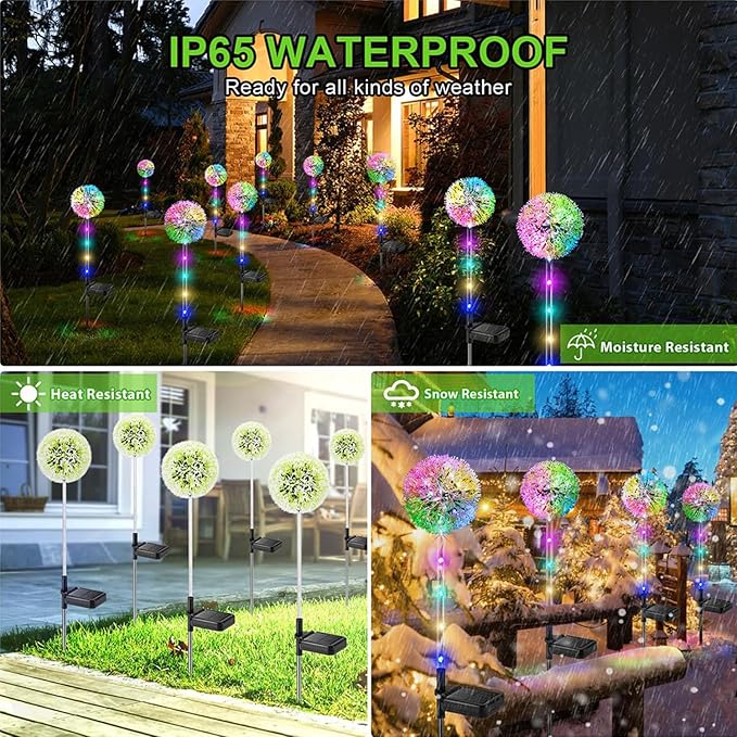 WdtPro Solar Lights Outdoor Garden Decor, 6 Pack Solar Flower Lights, 2 Modes Colorful Dandelion Light, Brighter Waterproof Decorative Garden Lights for Yard, Patio, Flower Bed, Unique Gifts for Women