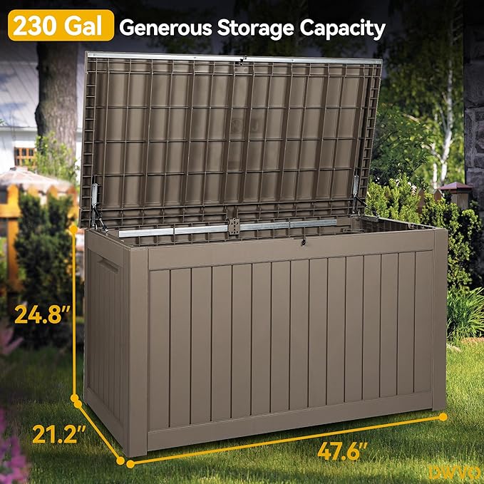 DWVO XXL 230 Gallon Deck Box, Extra Large Outdoor Storage Box for Gardening Tools, Patio Cushions, Waterproof and UV Resistant Resin (Light Brown)