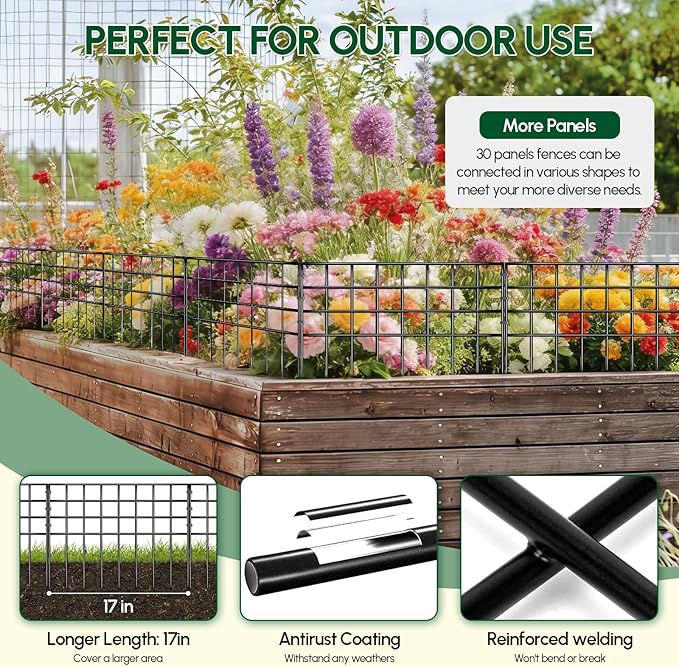 17ft(L) x 13in(H) Garden Fence Animal Barrier, 12 Panels No Dig Fence Panels for Dog Rabbit, Rustproof Metal Dig Defence Fencing Bottom Barrier, Anti Digging Garden Edging Border for Outdoor, Yard