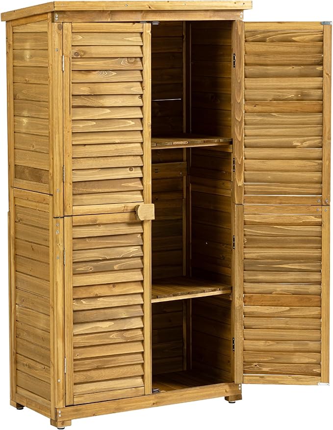 YOPTO Outdoor Wood Storage Cabinet,Garden Shed Tool with Lockable Door and Waterproof Roof,Backyard Building w/ 2 Removable Shelves & Adjustable Feet,for Lawn Patio,34.25" L x 18.5" W x 63" H,Natural