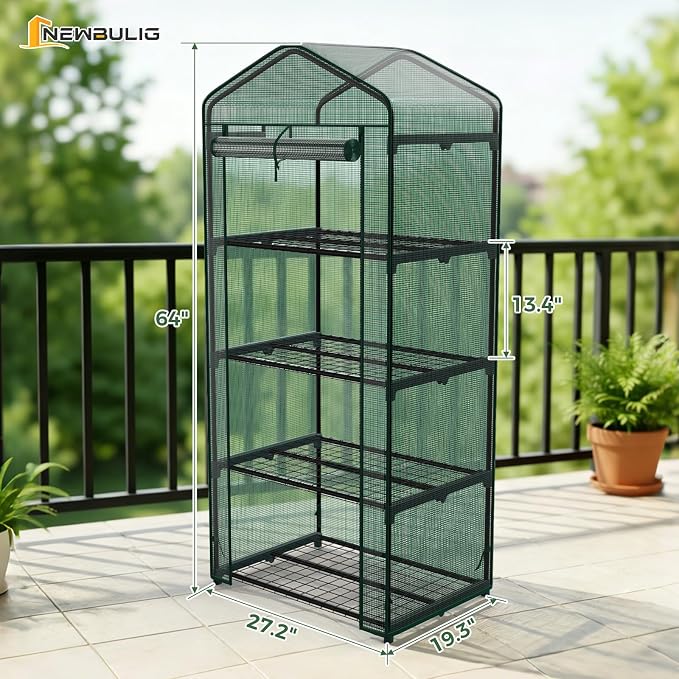NEWBULIG Mini Greenhouse with Durable PE Cover Roll-up Zipper Door 4 Tier, 27"×19"×63" Small Greenhouse for Outdoors Indoor Balcony, Porch, Garden, Patio, Backyard Green Houses, Green