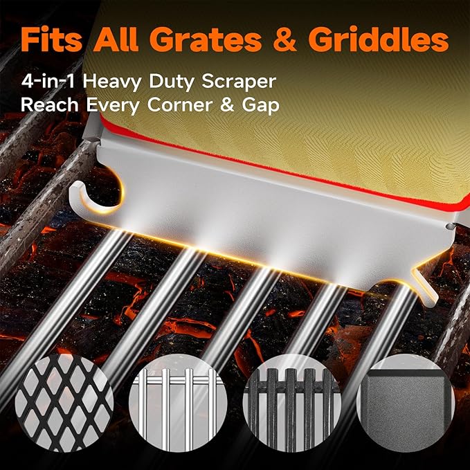 Bristle Free Grill Brush with Scraper for Outdoor Grill Cleaning, Safe Steam BBQ Grill Cleaner, Replaceable Head, Grilling Accessories for Cast Iron, Stainless Steel, Porcelain, Ceramic Grates - Red