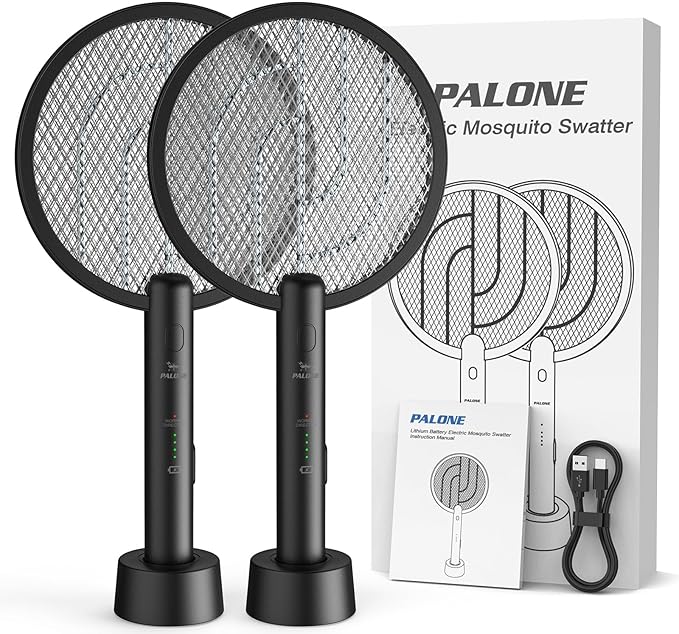 Electric Fly Swatter PALONE, 4000V Dual Modes Bug Zapper Racket, Mosquito Killer with Type-C Charging Dock, Insect Zapper with 3-Layer Safety Mesh Electric Fly Swatter for Indoor/Outdoor, Black 2 Pcs