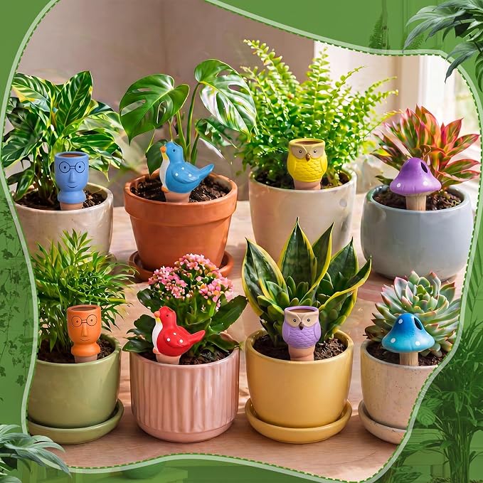 Domensi 8 Pack Terracotta Plant Watering Devices, Self Watering Spikes, Mushroom, Bird, Head, Owl-Shaped, Automatic Insert System Decorative Stakes, Cute Plant Spikes for Indoor Outdoor Plants