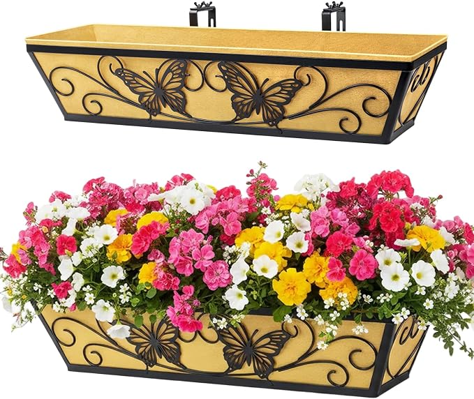 2 Pack 24 Inch Railing Planter Boxes Window Box Planters with Liner | Adjustable Bracket, Heavy Duty Hanging Basket, Metal Butterfly Decor, Retain Moisture Fabric Liner, Matte Classic Black
