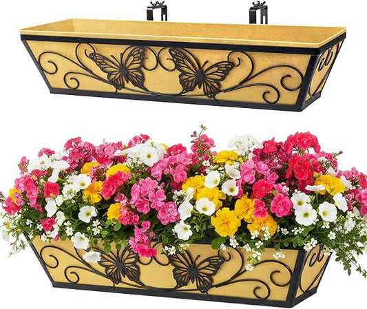 2 Pack 24 Inch Railing Planter Boxes Window Box Planters with Liner | Adjustable Bracket, Heavy Duty Hanging Basket, Metal Butterfly Decor, Retain Moisture Fabric Liner, Matte Classic Black