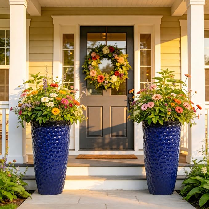 23.75" H Large Tall Outdoor Planters, Set of 2 Plastic Large Flower Pots for Outdoor Plants, Gradient Cobalt Blue Honeycomb Textured, Weather-Resistant for Porch, Garden, Patio or Indoor Use