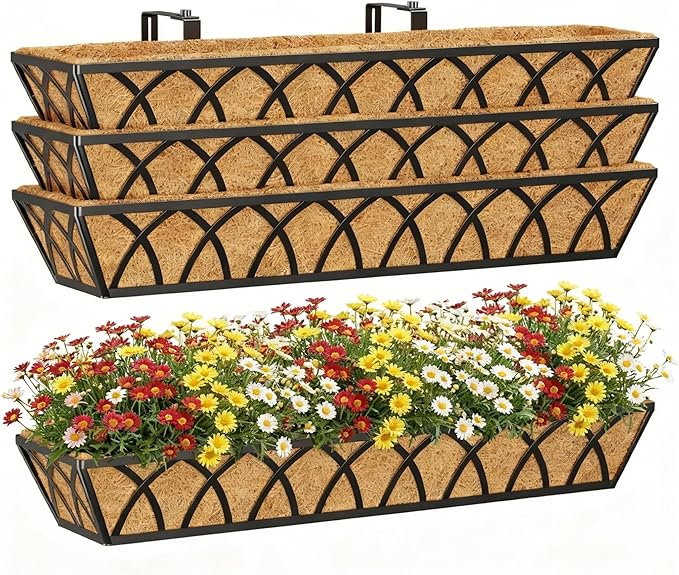 Y&M 4 Pack Hanging Railing Planter Boxes, 30 Inch Adjustable Balcony & Deck Planter, Heavy Duty Metal Flower Box for Porch, Fence & Window, Outdoor Plant Holder