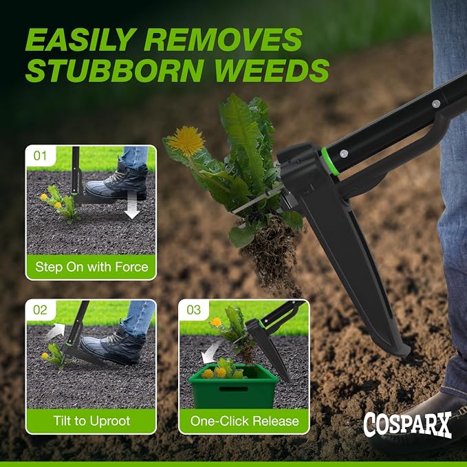 COSPARX Weed Puller Tool with Long 43” Handle, No Bending, Easy Eject – Removes Weeds Effortlessly, Sturdy Foot Pedal & Lightweight Aluminum - 4-Claw Hand Weeding Tool