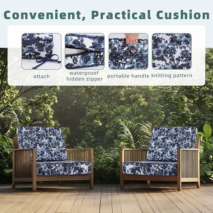 Favoyard Deep Seat Patio Cushion 24 x 24 x 4 in Waterproof Seat & Back Cushion Set with Color Fade Resisitant Pattern, Portable Handle, Attach Straps, Zipper on Removable Cover for Outdoor Furniture