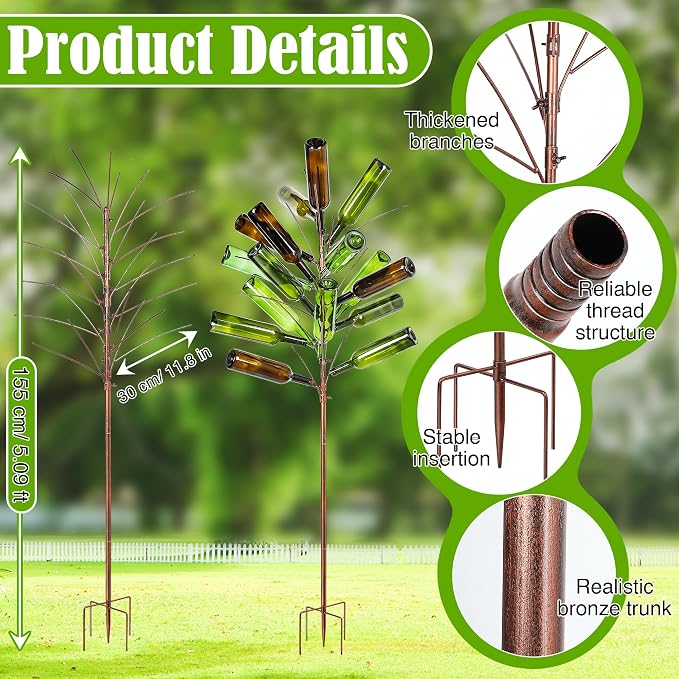 Meonum Solar Light Bottle Tree, 61" Metal Garden Sculpture for Yard & Patio Decor, Colorful Outdoor Wine Holder for Garden & Lawn Decoration, Holds 24 Glass Containers(Bronze)