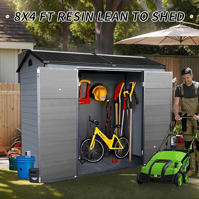 YOPTO 4x8 Ft Resin Outdoor Storage Shed Weather Resistant with Floor,Outdoor Resin Storage Shed W/ 2 Windows,Garden Tool House W/Lockable Door & Slpoed Roof,for Backyard,Patio,Lawn,Gray+Black