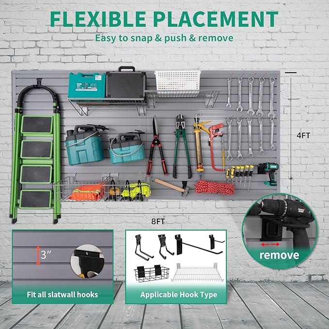 FRAYSCENT Slat Wall Paneling Garage Slat Wall Storage Systems Slatwall Panels Power Tool Organizer Wall Mount, PVC Garage Storage & Organization Products Slate Board (Grey, 4ft x 8ft with 15 Hooks)
