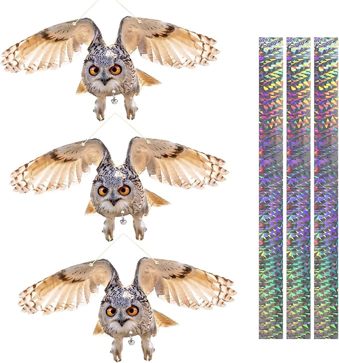 Fake Owl, 3PCS Reflective Hanging Fake Horned Owl Decoration, Owl Reflective Devices Outdoor for Outdoor Garden Yard
