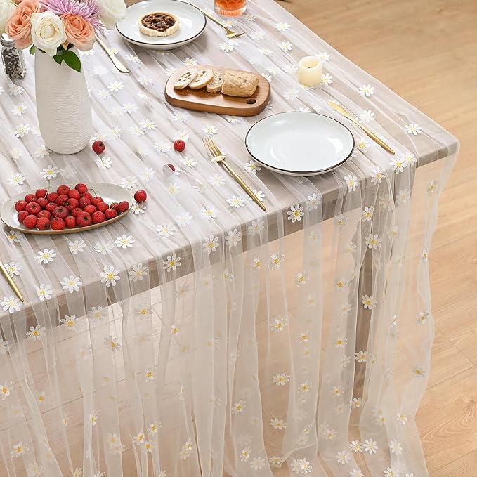 Horaldaily White Embroidery Daisy Spring Summer Gauze Tablecloth 60×120 Inch Rectangular, Seasonal Tulle Table Cover, Garden Party Decorations for Wedding, Party, Holiday Dining
