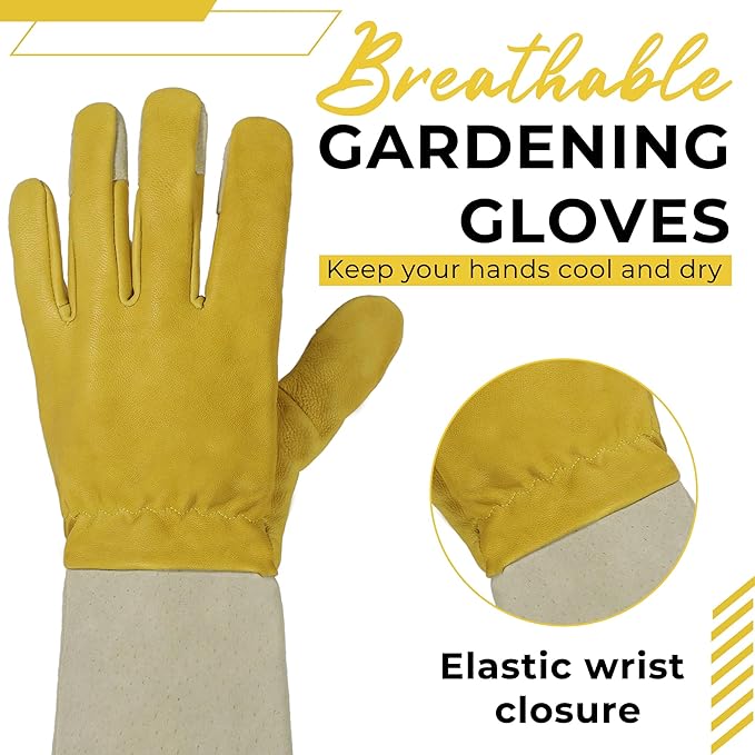 HANDLANDY Rose Pruning Gardening Gloves for Men Women, Thorn Proof Forearm Protection Leather Garden Gloves, Gardening Gifts for Gardeners (Butter Yellow, X-Large)