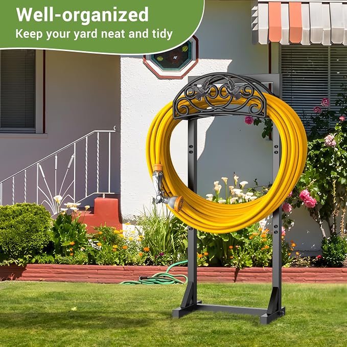 Pattiumo Garden Hose Holder Stand, Heavy Duty Freestanding Metal Hose Holder with 4 Spikes, Hose Reel Alternative Holds up to 150 ft for Yard Lawn Garden Patio
