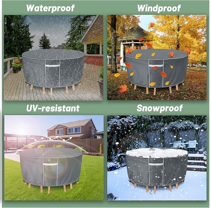 Gasadar Outdoor Round Patio Table Cover Waterproof, Round Patio Furniture Cover Outdoor for Table and Chairs,600D Heavy Duty, 72" Dia x 28" H, Grey