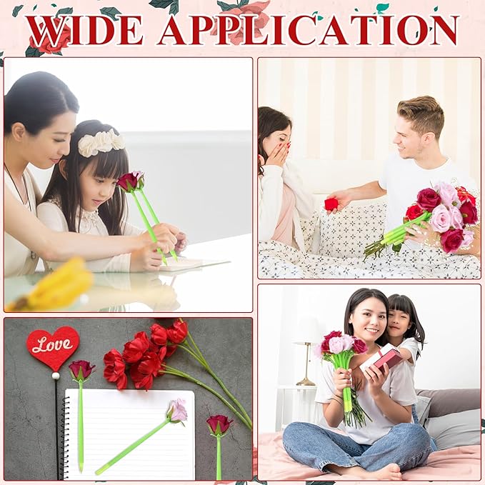 28 Pcs Flowers Pen Artificial Rose Pens Rose Shaped Ballpoint Pen Black 0.5mm Gel Ink Rollerball Pen Valentine's Day Flower Pens Gel Ink-pens for First Day Back to School Classroom Reward