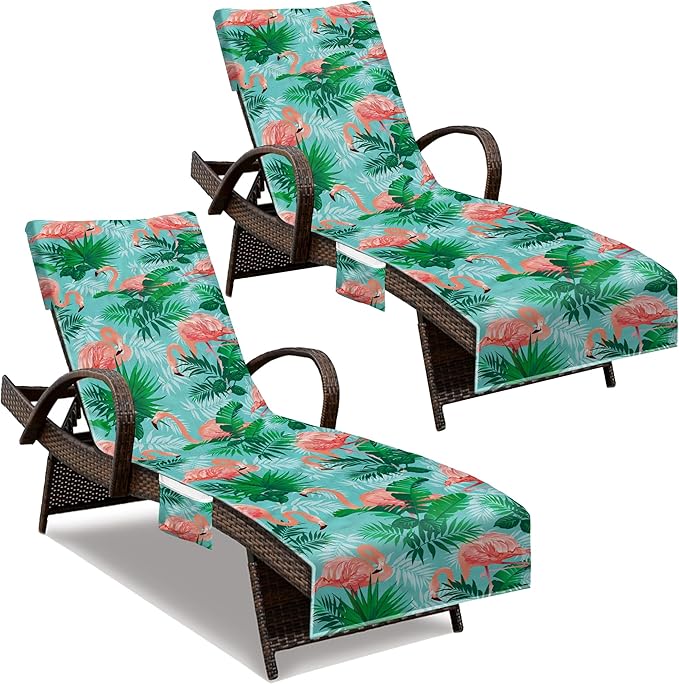 Lounge Chair Towel Cover, Beach Chair Cover (Pack of 2),Pool Lounge Chair Covers for Outdoor,Garden,Beach,Sun Lounger,Hotel pool,Large Size and No Sliding, 85" X 30",Green Coral Pink Flamingo