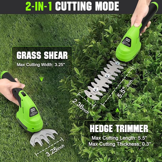 Cordless Grass Shear & Hedge Trimmer - Green | 2-in-1 Electric Shrub Trimmer and Grass Cutter | 8V Handheld Lawn Trimmer with USB Type-C Cable & Rechargeable Lithium-Ion Battery