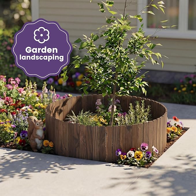 Garden Wooden Fence Edging, Burnt Wood Finish, Fir Wood,Outdoor Lawn Landscape Border (2, 11.8" Height)