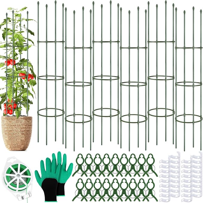 Hahood 6 Pack Tomato Cages for Garden Plant Support 64 Inches Tall Garden Trellis Plant Stakes for Indoor Outdoor Plants Climbing Plants Vegetable Fruit Crop Flower Vine, Green