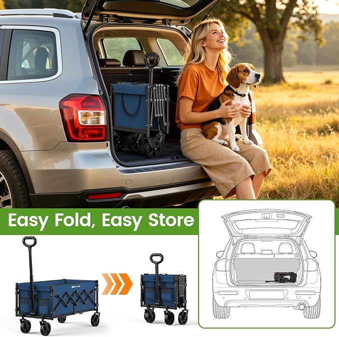 35'' Extra Long Collapsible Wagon with Wheels, 220 LBS Folding Wagon with 360° Swivel Wheels Adjustable Handle, Lightweight Portable Utility Cart for Grocery, Shopping, Garden, Sports, Camping, Blue
