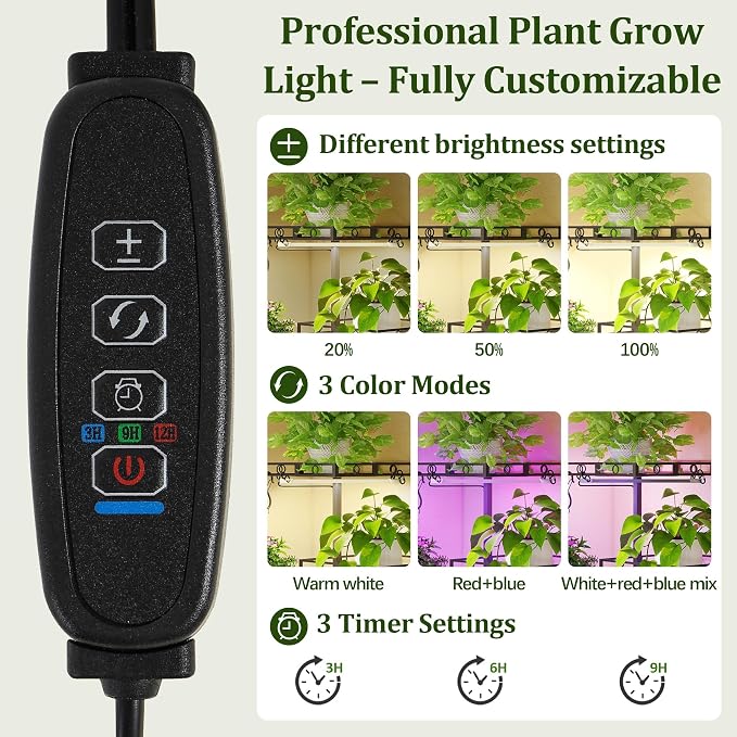 Quikraen Plant Stand Indoor with 2-Head Grow Lights, 58" Tall Lighted Corner Plant Shelf for Indoor Growing, 10-Tier Multiple Metal Large Flower Holder, Plant Rack for Home Decor, Patio (Black)
