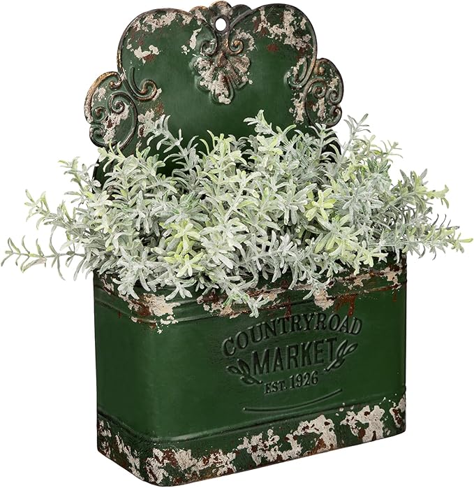 Set of 2 Metal Wall Planters Vintage Hanging Wall Planter Rustic Farmhouse Outdoor Decor Shabby Mount Planters for Fence Garden Patio Porch - Green