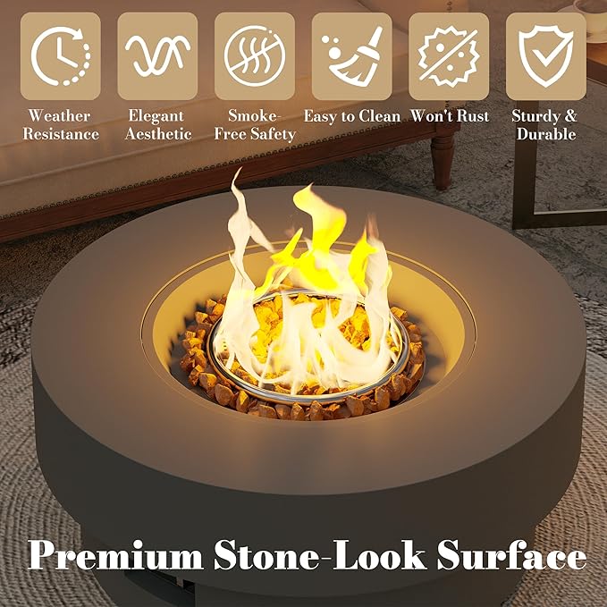 32.5 Inch Propane Fire Pit Table, 50,000 BTU Round Patio Fire Pit Table Outdoor, CSA Certified, Stainless Burner with Steel Lid, Waterproof Cover & Lava Rocks, for Garden Backyard, Gray