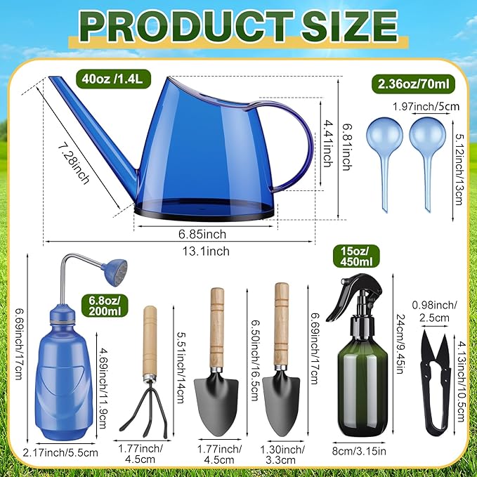 13 Pcs Indoor Plant Can Set, 1/2 Gallon Watering Can, 17 oz Squeeze Bottle, 6.8 oz Spray Bottle, 6 Self Watering Globes, Gardening Tool Kit with Pruning Scissors for Plants(Blue)