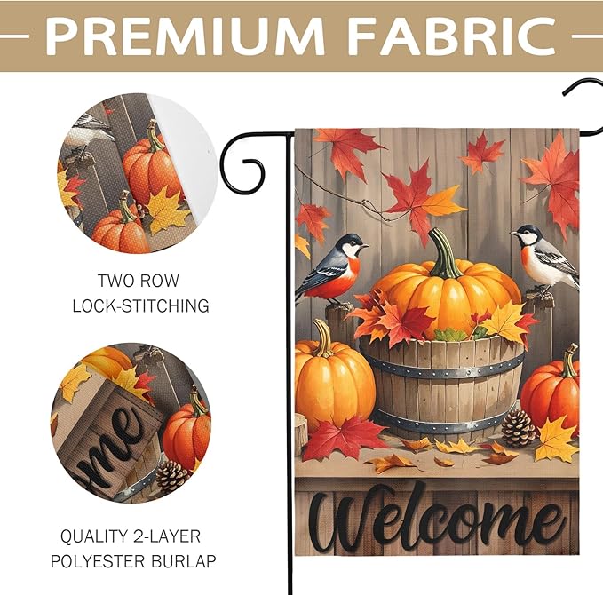 Fall Pumpkin Bird Garden Flag 12x18 Inch Welcome Autumn Watercolor Maple Leaf Harvest Theme Thanksgiving Decorative Yard Flags for Outside Double Sided Outdoor Home Farmhouse Decoration Porch Decor