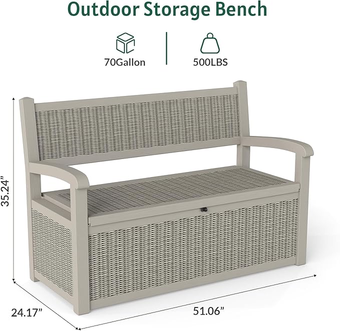 Skepphlay 70 Gallon Storage Bench Deck Box Outdoor, Deck Storage Bench Outside, Lockable Outdoor Benches with Armrest & Back, Deck Boxes Waterproof for Pool Patio Garden (Grey)