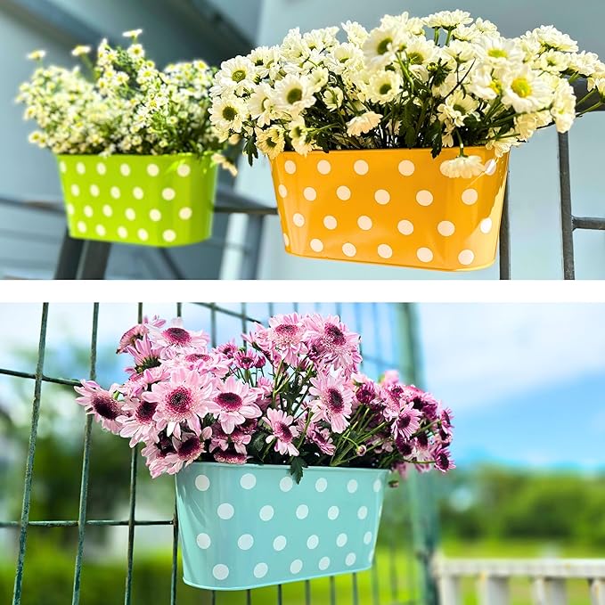 LaLaGreen Rail Planter Outdoor Plants (17 Inch, 6 Pack) Medium Colorful Metal Planters Iron Hanging Flower Pots Balcony Box Plant Holder Deck Railing Fence Herbs Garden Modern Porch Home Decor
