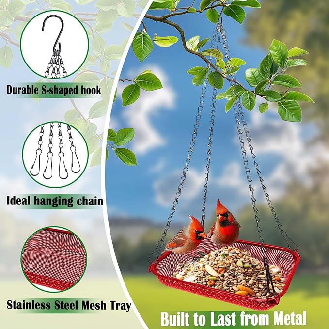 Hanging Bird Feeder for Outdoors – 12 x 8 in Rectangular Platform Bird Feeder, Metal Mesh Seed Tray for Wild Birds, Red