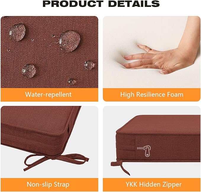 Unimatta Sunbrella Square Corner Seat Cushions, 19" x 19" x 3", Set of 4, Indoor Outdoor Water Repellent Universal Chair Pads with Ties for Patio Furniture, Garden Deck Dining Chairs, Canvas Henna