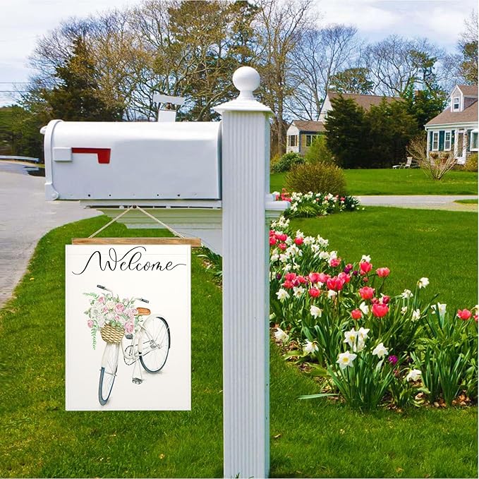 Mugod Bike Garden Flag 12.5x18" Vertical Double Sided, Watercolor Wildflowers Spring Summer Yard Garden House Flag for Outdoor Indoor Decoration