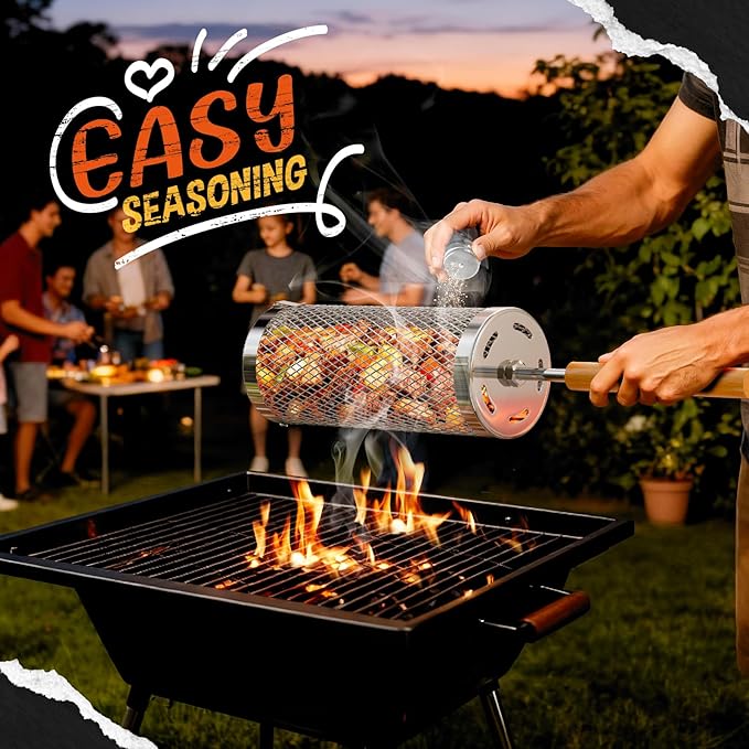 Rolling Grill Basket-Lager,304 Stainless Steel Grill Basket with Removable Wooden Handle,BBQ Tool & Smoker Accessory for Veg & Shrimp,Ideal for Outdoor Cooking,Camping & Gifts for Dad/Husband/Men 9.6*4.5*4.5 inches(For 3-4 People)