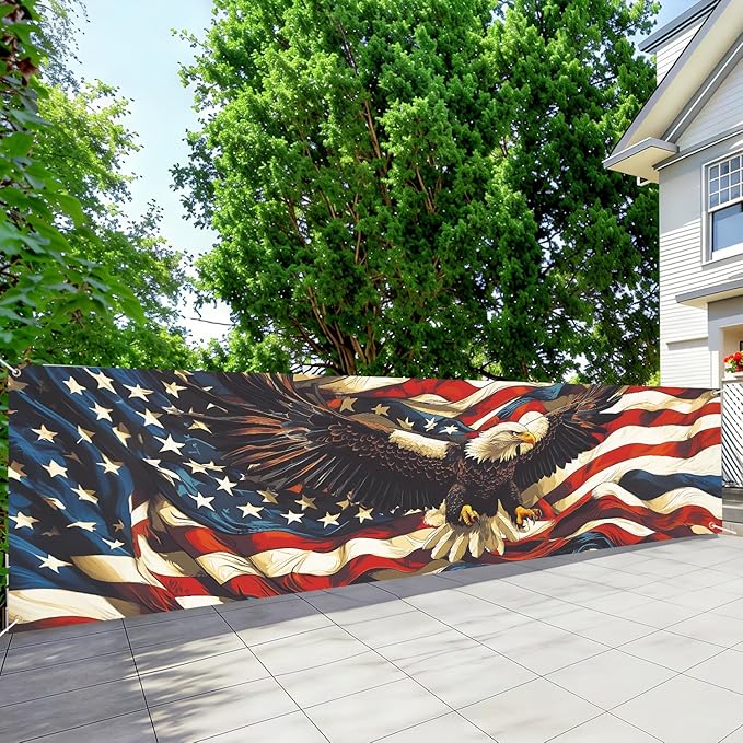 American Flag Eagle Fence Banner 118 x 35 Inch, Large Waterproof Outdoor Patriotic USA Banner with Bald Eagle for Yard Porch Fence 4th of July Independence Day Decorations