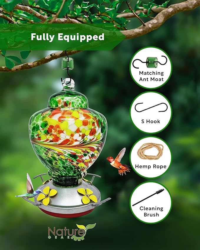 Nature Gear Glass Hummingbird Feeder for Outdoors, Hanging Bird Feeder with Ant Moat, Hand-Blown Glass Garden Feeder, Easy Clean Wide Mouth, Rust Resistant, 38 oz, Emerald Green